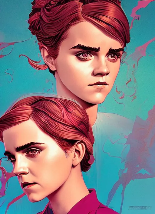 Image similar to poster artwork by Michael Whelan and Tomer Hanuka, Karol Bak Emma Watson and Kiernan Shipka in beauty pageant, clean, flat