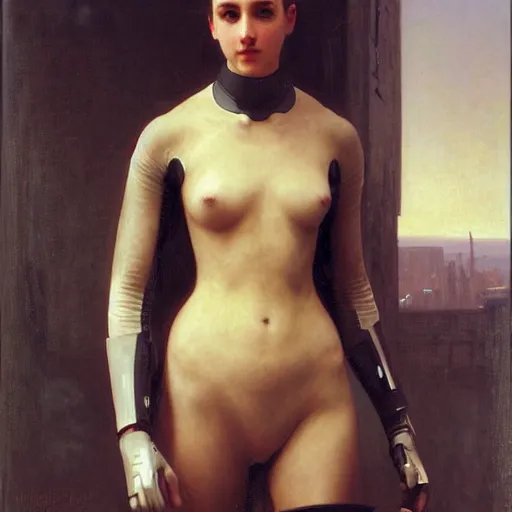 Prompt: painting of a fully - clothed cyberpunk android by william bouguereau, fully clothed in futuristic armor, safe for work, high resolution