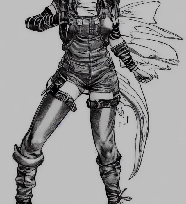 Image similar to full body pose, hd, manga anime portrait of a fairy girl in combat boots and overalls, in ishikawa ken frank miller jim lee style detailed trending award winning on flickr artstation,