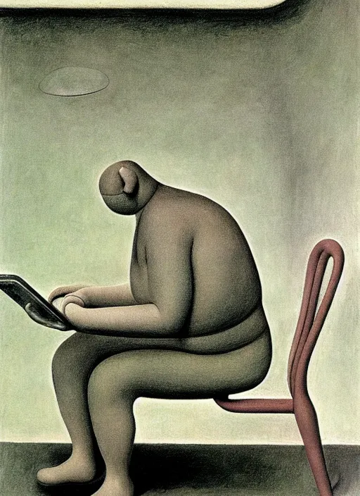 Image similar to man sitting on chair looking at his smartphone, hysterical, sweat, fat, frustrated, art by gertrude abercrombie hans bellmer and william blake