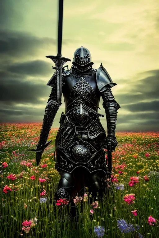 Prompt: hyperrealistic neo - gothic cinematic monster with armor holding sword in a field of flowers, highly detailed smooth digital art masterpiece, vitaly bulgarov dramatic low light, ground angle uhd 8 k, sharp focus