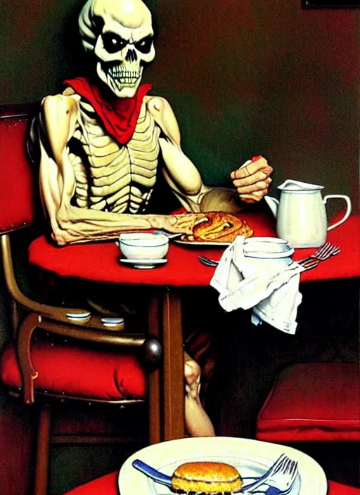 Image similar to a realistic painting of skeletor sitting at the breakfast table by norman rockwell, americana, high quality