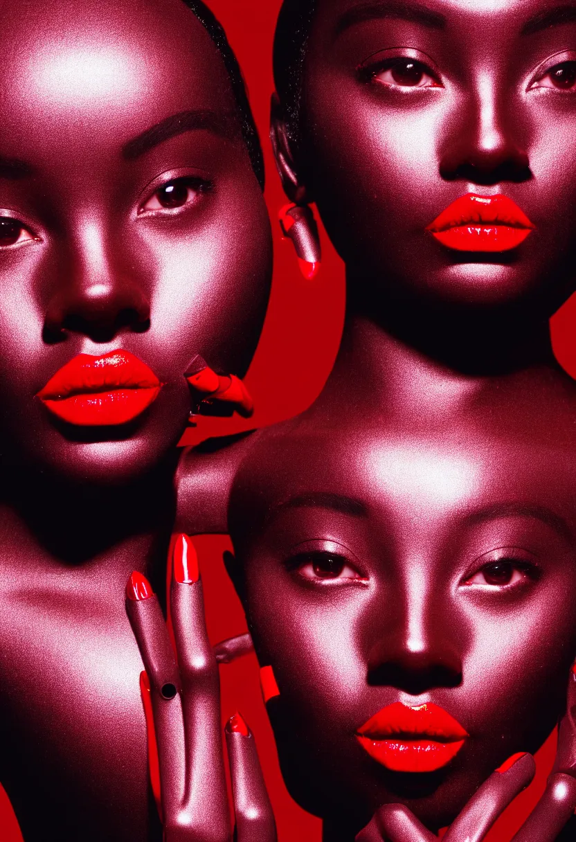 Image similar to medium shot, photograph of alluring dark skin female robot looking into camera, red lipstick, sharp focus,, chromatic abberations, as fashion editorial 90s