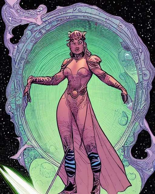 Prompt: portrait of a female space priestess by arthur adams and moebius and chip zdarsky, stunning, comic, pen and ink, slash page, highly detailed