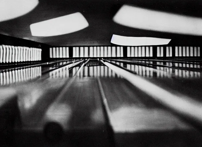 Image similar to a 35mm photograph of an empty bowling alley in the 1950's, bokeh, Canon 50mm, cinematic lighting, photography, retro, film, Kodachrome