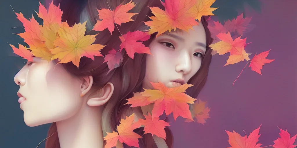 Image similar to highly detailed pastel colors of an ethereal asian beauty morphing gradually into autumn leaves, by artgerm and hsiao - ron cheng, smooth composition, fine patterns and detail