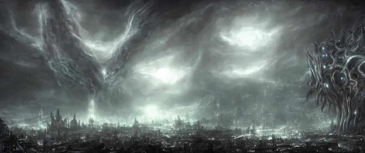 Image similar to digital concept art of large eldritch lovecraftian horror looming over city, dark souls style, volumetric lighting, large scale, night time, moon rays, high detail