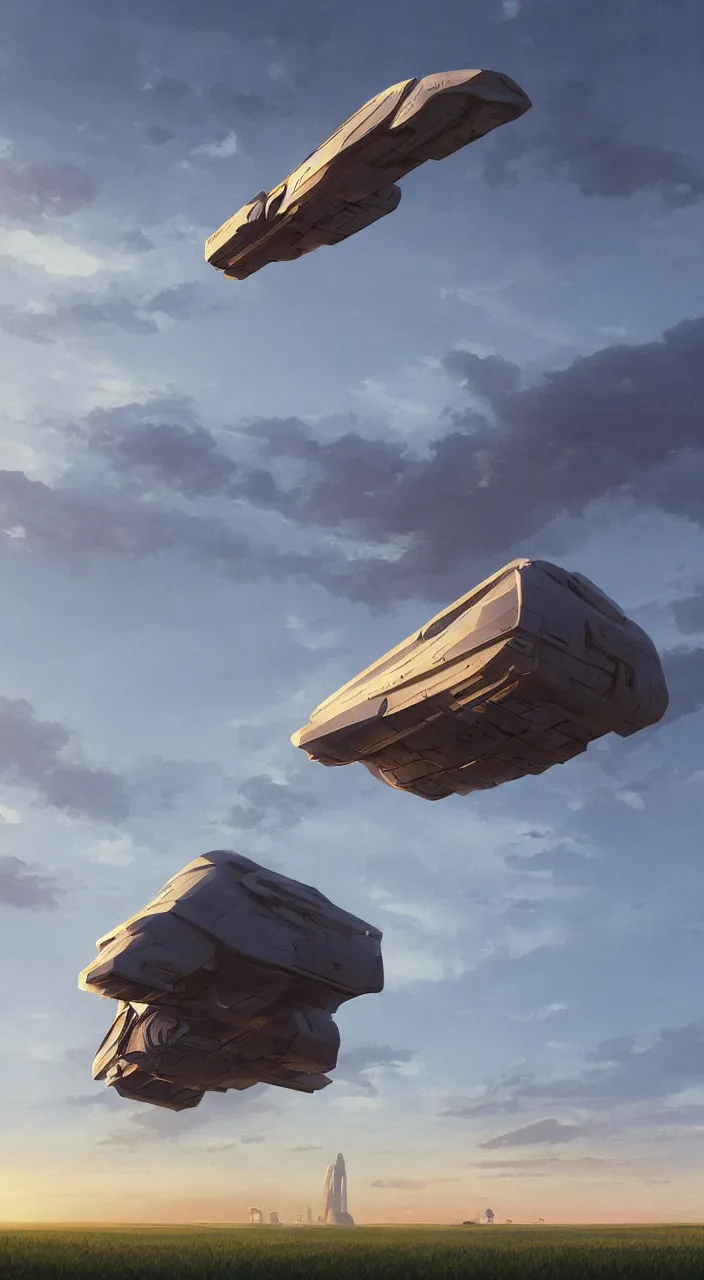 Image similar to wide shot of a tall and thin monolithic spaceship hovering in the air 6 feet above a cornfield, late afternoon, golden hour, highly detailed, smooth, sharp focus, concept art by greg rutkowski and stanley lau and syd mead