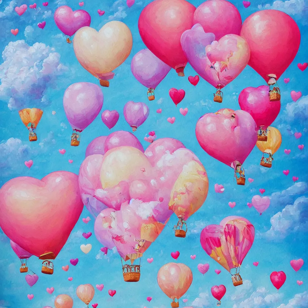 Prompt: ultra detailed painting that is beautiful and whimsical with cotton candy clouds and balloon hearts and flowers inside