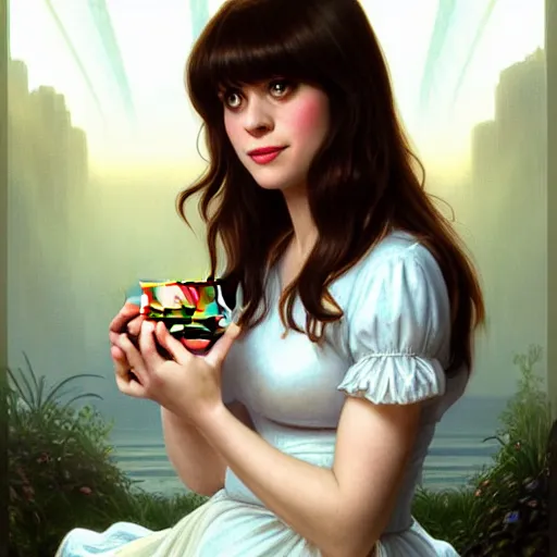 Image similar to portrait of Zooey Deschanel eating hamburgers, extra onions and ketchup, luscious patty with sesame seeds, feminine ethereal, handsome, D&D, fantasy, intricate, elegant, highly detailed, digital painting, artstation, concept art, matte, sharp focus, illustration, art by Artgerm and Greg Rutkowski and Alphonse Mucha