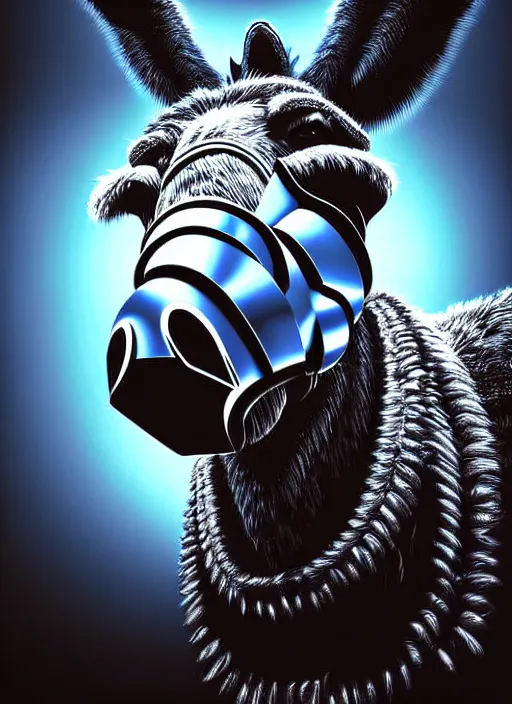 Image similar to intricate hyper detailed ultra sharp portrait of an evil robotic donkey that is heroically looking into the camera, fire background, 2 d digital vector art, highly realistic, highly detailed, medium shot, low angle, dramatic lighting, picture of the year award, deep cyberpunk mechanoid, sharp focus, 4 k, ultra hd,