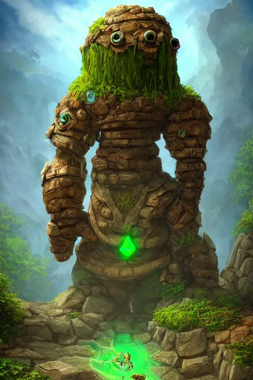 Image similar to zelda fantasy art giant golem troll wood rock greeble gemstone, global illumination ray tracing hdr fanart arstation by sung choi and eric pfeiffer and gabriel garza and casper konefal