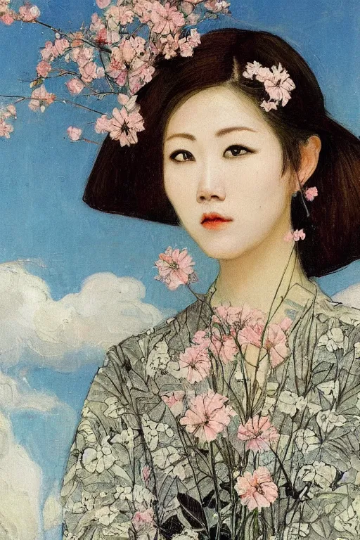 Image similar to close - up fashion asian woman portrait airy flowers clouds art by vasnetsov