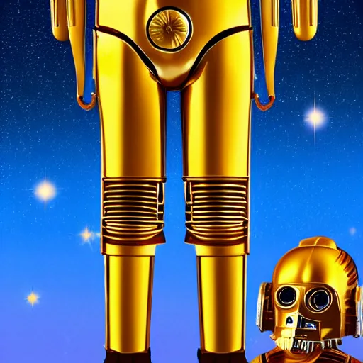 Image similar to full body portrait of Simpson as C3PO in star wars, background blue sky puffy clouds cinematic 4k