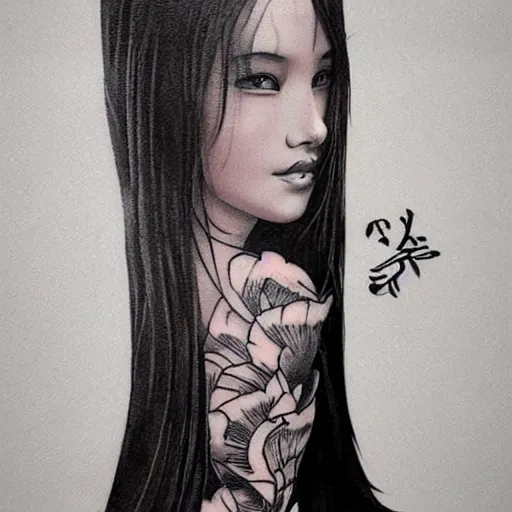 Image similar to tattoo design, stencil, beautiful young female, long dark hair, symmetrical facial features, Japanese, partially clothed in robe, by William-Adolphe Bouguerea and artgerm