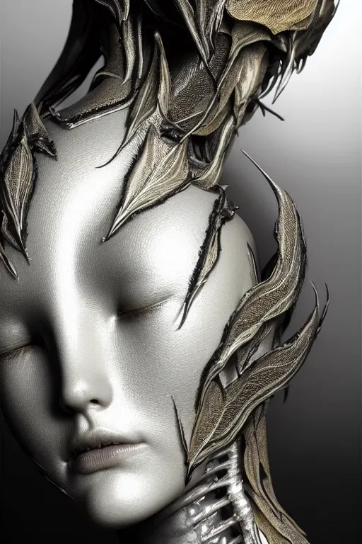 Image similar to bw close - up profile face, black background, beautiful young porcelain vegetal - dragon - cyborg - female, 1 5 0 mm, beautiful natural soft rim light, silver gold details, magnolia leaves and stems, roots, mandelbot fractal, elegant, ultra detailed, white metallic armour, octane render, h. r. giger style