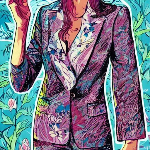 Prompt: rosamund pike with dark - hair as the doctor, wearing a colourful floral pattern three - piece suit, complementary colours, 2 d matte, graphic novel, art by laurie greasley and pepe larraz,