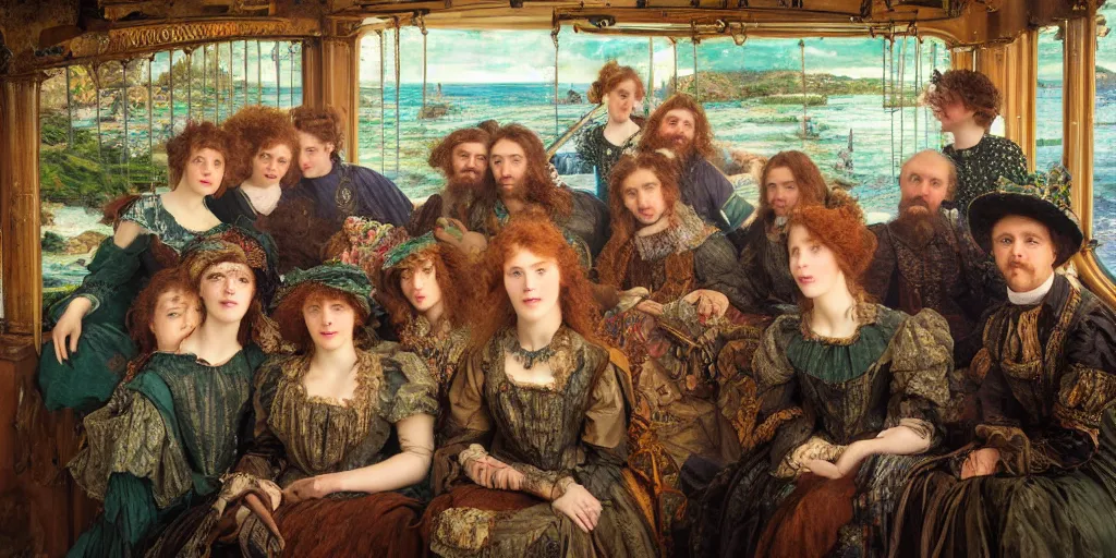 Prompt: detailed colour preraphaelite photograph group portrait of amazingly cool characterful people sat down extreme closeup, in the inside of the beautiful underwater train to atlantis, realistic and lifelike expressions, crowds of people sat down wearing unusual clothes, by william powell frith, 4 k