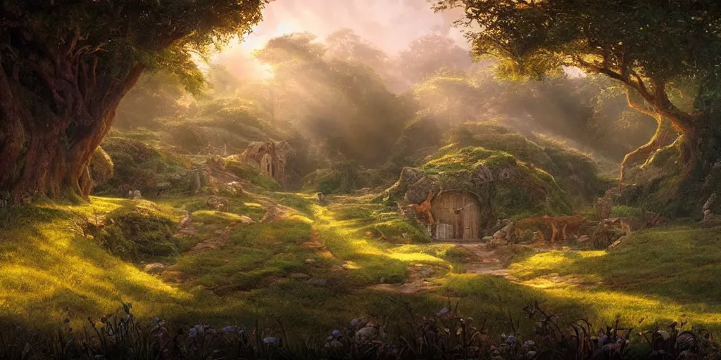 Image similar to lush and beautiful concept art for the shire, lord of the rings, peter jackson, studio ghibli, detailed, realistic lighting, volumetric lighting, golden hour,