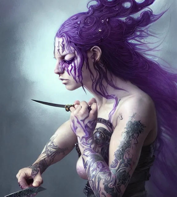 Image similar to beautiful female stabber stabbing soldier with knife, perfect face, intricate tattoos, purple flowing hair, crazy eyes, spraying blood, cinematic, blush, stunning, athletic, moist, strong, agile, highly detailed, hard focus, sensual lighting, art by jessica rossier and brian froud