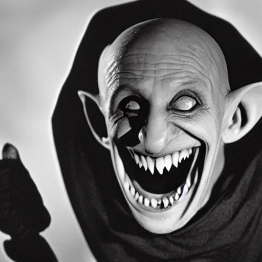 Image similar to nosferatu laughing after he's been told the funniest joke he ever heard, tears streaming from his eyes, professional photograph, black and white