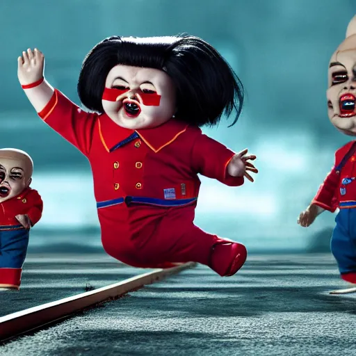 Image similar to kim jong un doll being chased by screaming chucky doll octane render