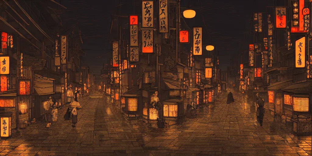 Prompt: feudal japan tokyo street at night, street level, cinematic lighting, 4k, trending on artstation, low key, intricate illustration, digital art, ultra detailed, art by albert bierstadt