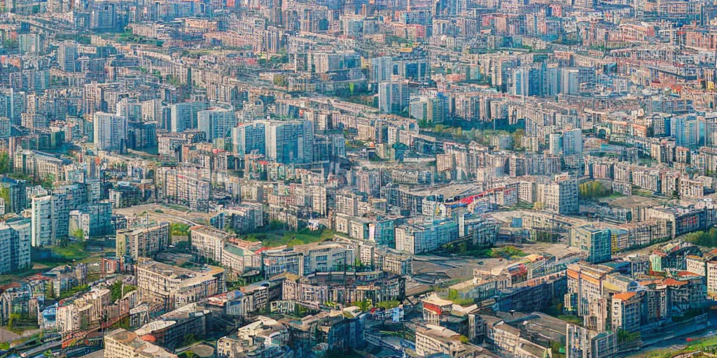 Image similar to bird's eye view photograph of a highrise Russian city, apartments, train station, pond, wide roads