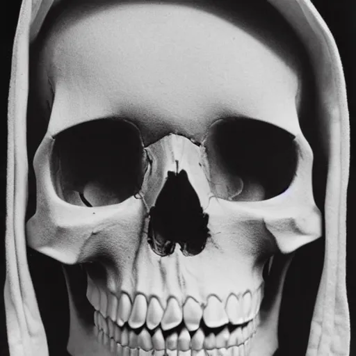 Prompt: close-up shot of a skull in a hoodie in 80s, Polaroid photo, by Warhol
