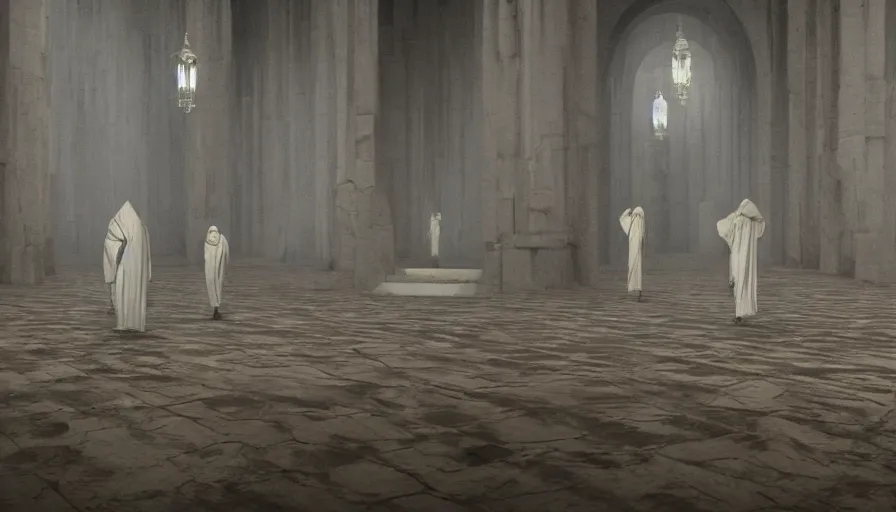 Prompt: An Enigmatic Ritual Performed by hooded figures in a detailed temple with dynamic lights and shadows, Roger Deakins, Cinematic Lighting, highly detailed, 8k