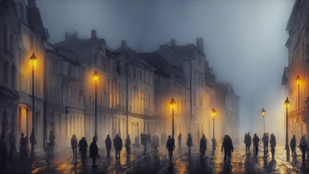 Prompt: a crowd of people on street of the old town with houses in the windows of which the light is on. early morning, fog on ground, wet street. mike barr painting. volumetric light, dull colors, dark, noir arthouse, 3 5 mm, hight detalied, hd, 4 k