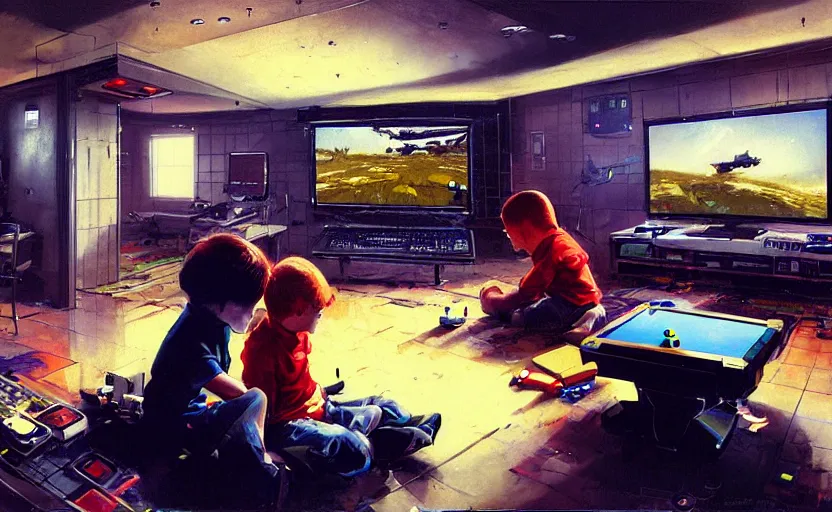 Prompt: two boys playing game at a spacious gaming room, hi - tech gaming setup, highly detailed interior, synthwave, colored, illustration, artstation, art by john berkey