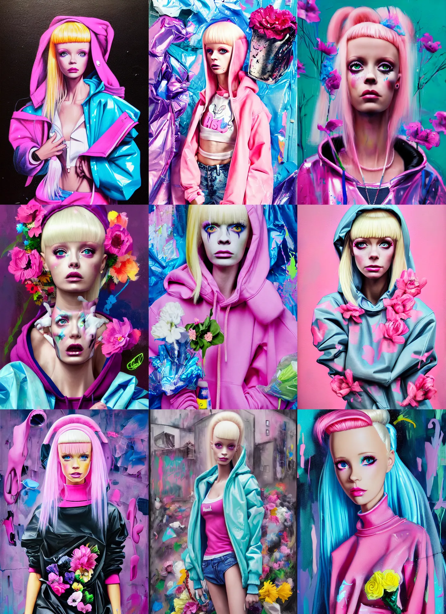 Prompt: still from music video of barbie from die antwoord standing in a township street, wearing a trashbag hoodie garbage bag and flowers, street fashion, full figure portrait painting by martine johanna, ilya kuvshinov, rossdraws, pastel color palette, shiny plastic, spraypaint, detailed impasto brushwork, impressionistic, barbara palvin
