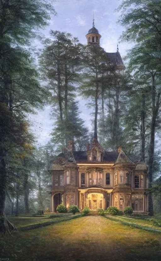 Image similar to portrait of a large victorian manor house in a pine forest, well lit, detailed, cinematic lighting, oil painting