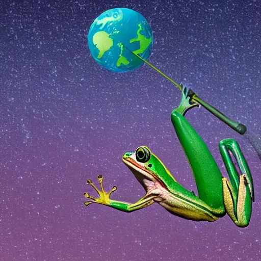 Image similar to a photo of a frog with muscles standing on two feet and lifting planet earth on its hands