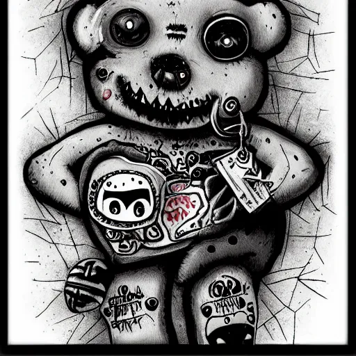 Prompt: dark art cartoon grunge drawing of a teddy bear playing with toys with bloody eyes by tim burton - loony toons style, horror theme, detailed, elegant, intricate, trending on art station