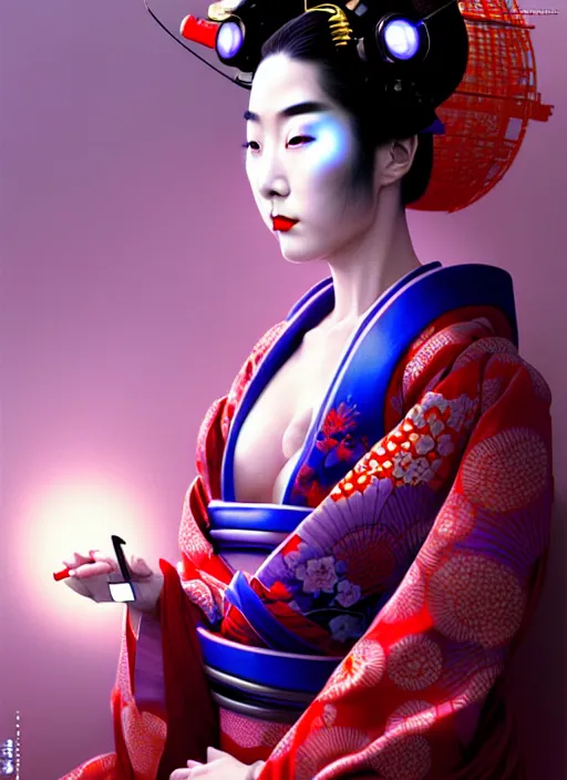 Prompt: sensual japanese geisha wearing futuristic virtual reality eyeglass, intricate geisha kimono, robotic, android, cyborg, cyberpunk face, steampunk, fantasy, intricate, elegant, highly detailed, colorful, vivid color, digital photography, cool warm lighting, artstation, concept art, art by artgerm and greg rutkowski and ruan jia,