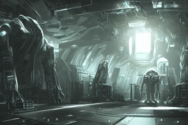 Image similar to parallax datacenter server room interior single mono colossus white rusty android guest robosaurus artstation cinematic detailed concept art volumetric light sharp coherent cgsociety symmetric perfect well balanced shadows lotr alien prometheus