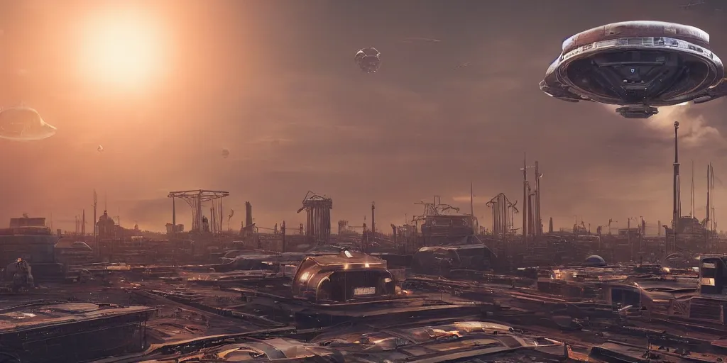 Image similar to alien spacecraft hovering over busy space port surrounded by alien robots, steel archways, industrial buildings, rusty metal towers, sun setting, cinematic lighting, digital painting, octane render