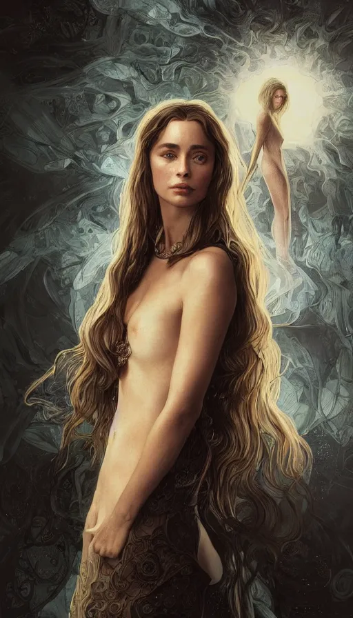 Prompt: young emanuelle beart, lost her heart, fame of thrones, fibonacci, sweat drops, intricate fashion clothing, insane, intricate, highly detailed, surrealistic, digital painting, artstation, concept art, smooth, sharp focus, illustration, unreal engine 5, 8 k, art by artgerm and greg rutkowski and alphonse mucha