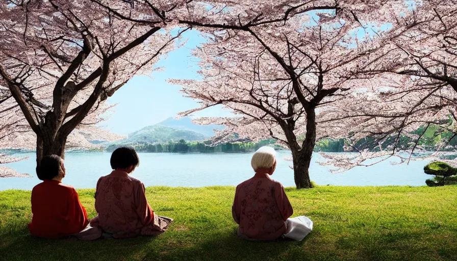 Prompt: back view of an old japanese couple watching the sun while sitting on the grass, cherry blossoms, lake, forest, village, happiness, jiro taniguchi, hyperdetailed, artstation, cgsociety, 8 k