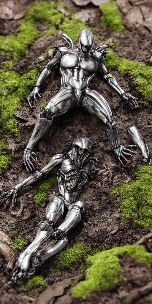 Image similar to bootleg figure of a plastic platinum xenomorph diorama crushed on the ground surrounded of dirt and moss secondhand, dramatic airbrush stormcloud, mcfarlane, figma, cursed photography, middle view