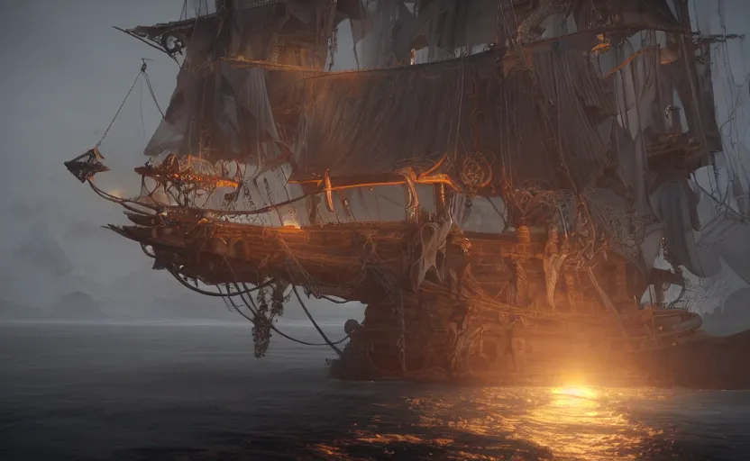 Prompt: magical and mystical pirate galleon, octane render, rembrandt, cgsociety, artstation trending, horror scene, highly detailded