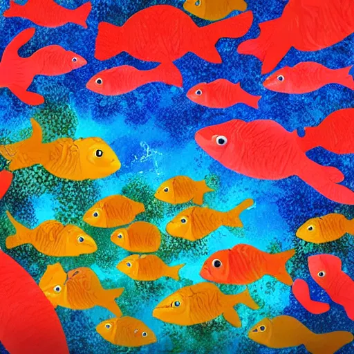 Image similar to swarm of fish, coral reef, scratch painting