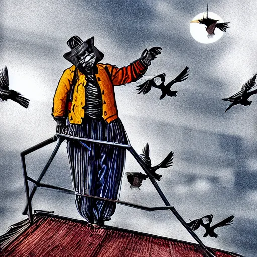 Image similar to A clown on the roof of the church playing with crows, futurist, digital art, dramatic lighting, symbolic