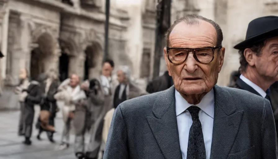 Image similar to hyper-realistic and anamorphic 2010s movie still of Jacques Chirac, by Paolo Sorrentino, Leica SL2 30mm, beautiful color, high quality, high textured, lens flare