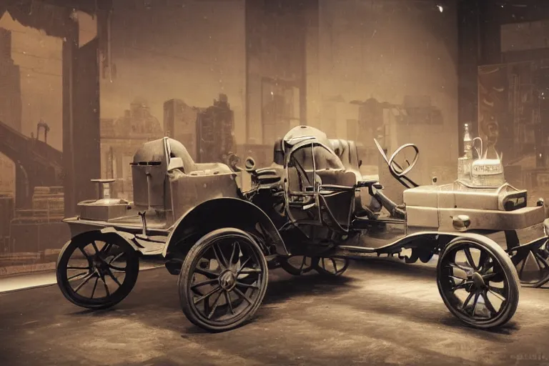 Image similar to cyberpunk 1 9 0 8 model ford t, volumetric lighting, in a museum, museum exhibit, museum lighting, 9 0 s film photo