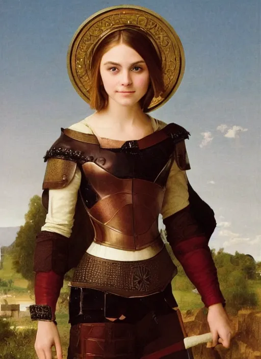 Image similar to annasophia robb wearing medieval armour and bowl haircut, bouguereau