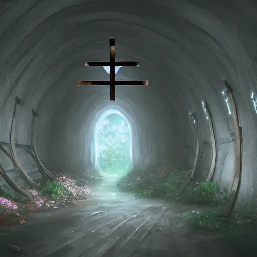 Prompt: a christian cross as the light at the end of the tunnel, with pale purple and pale pink lighting, cute, aesthetic, anime, with a few vines and overgrowth, studio ghibli, cinematic, painting, high definition, digital art, symmetrical, very detailed, extremely high detail, photo realistic, concept art, unreal engine 5,