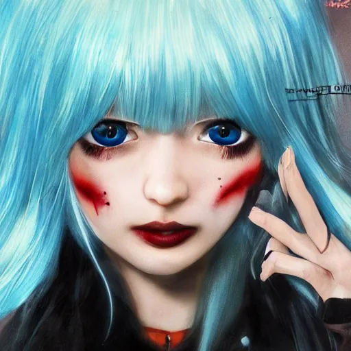 Image similar to full face shot of rimuru tempest, sky blue straight hair, long bangs, with amber eyes, wearing a black jacket, high collar, ultra detailed, concept art, award winning photography, digital painting, cinematic, wlop artstation, closeup, pixiv, evil, yoshitaka amano, andy warhol, ilya kuvshinov,